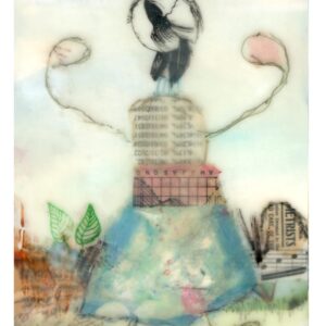 primitive folk art girl figure with blue skirt, collage with string, watercolor, ink, stencil, and paint accents