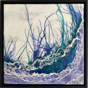 An original encaustic waterscape with shellac and alcohol ink accents. Serene greens and enchanting blues transport you to a stirring seaside. Painted on a 12"x12" cradled wood panel, with black float frame. Smooth, shiny finish. Title: "Hydrotherapy"