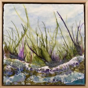 square encaustic wax painting with captivating shades of blue, green, and purple that flow seamlessly together like waves in the ocean. natural-color wood float frame
