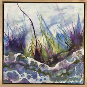 square encaustic wax painting with captivating shades of blue, green, and purple that flow seamlessly together like waves in the ocean. natural-color wood float frame