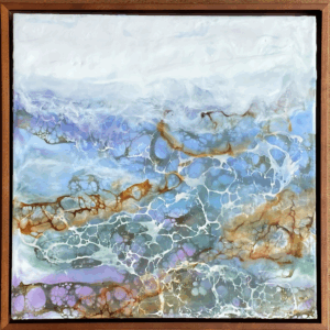 Blue, purple, green, and amber abstract waterscape painting made with encaustic and shellac in a walnut float frame