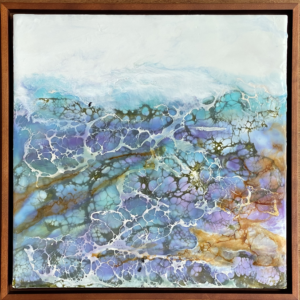 Blue, purple, green, and amber abstract waterscape painting made with encaustic and shellac