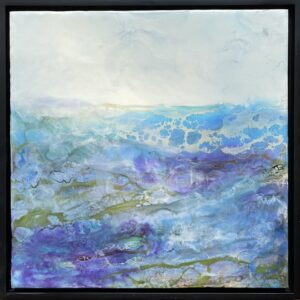 abstract waterscape with captivating shades of blue, green and purple that flow seamlessly together like waves in the ocean.