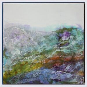 Abstract waterscape in rainbow colors made with encaustic and shellac in a white wood float frame