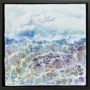 abstract seascape featuring a mesmerizing blend of cotton candy-inspired colors, accented with delicate white shellac, soft gray and white clouds adorn the sky, adding depth and dimension, in a black wood float frame