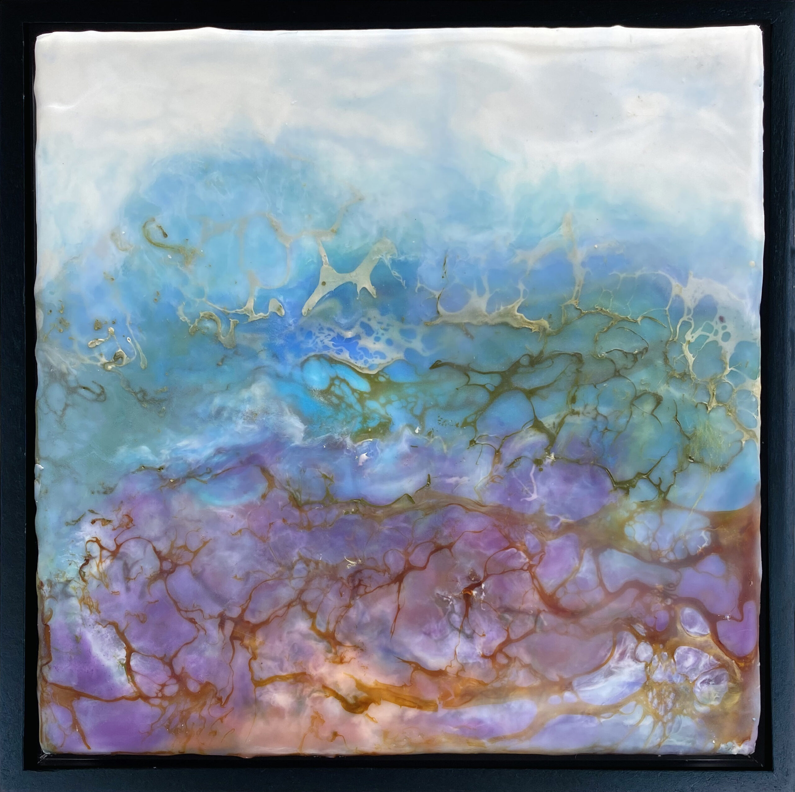 Encaustic and shellac abstract landscape painting in blue, green, purple, and amber, 8"x8", black wood frame. Title; Bloom