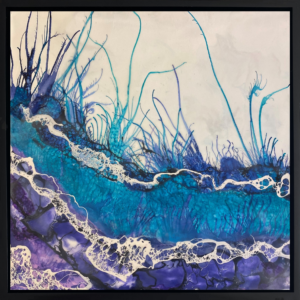"Layers" is an original encaustic waterscape with shellac and alcohol ink accents. The purple and aquamarine palette creates an oasis of tranquility and serenity. Painted on a 12"x12" cradled wood panel, with black float frame.