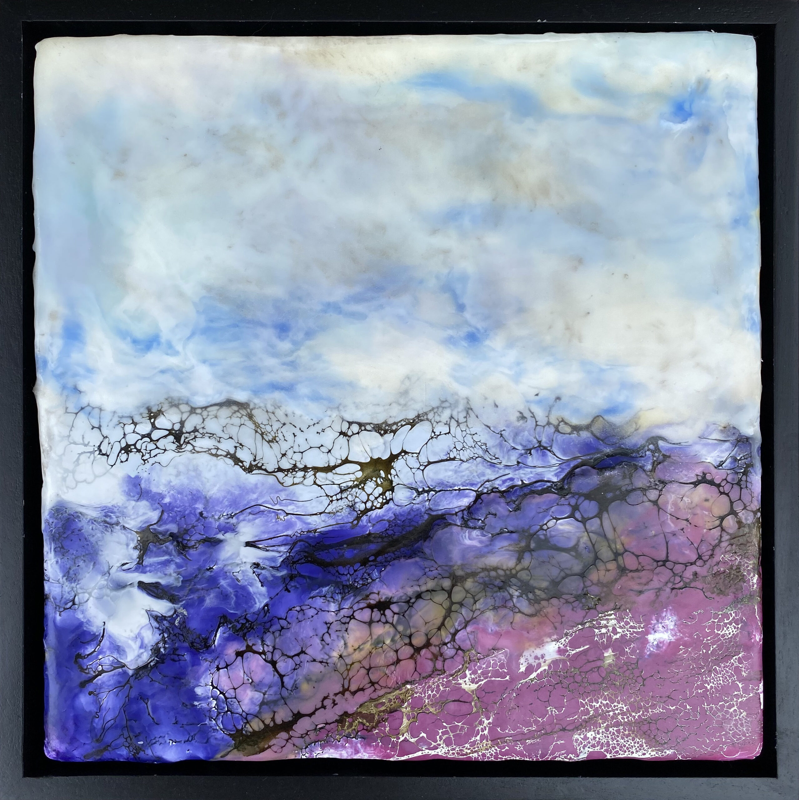 A vivid original abstract painting created with encaustic paint, and shellac. Dynamic sky above, purple and magenta below. Title: Magdalena