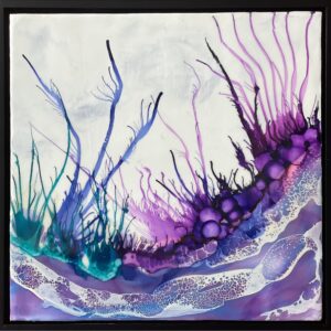 Vibrant purples and greens dance across the surface of this encaustic painting, creating feathery strokes that capture the essence of nature's beauty. With a black float frame and a smooth, shiny finish.