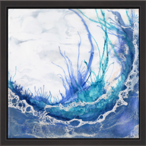 Blue, aquamarine, purple, and white abstract seascape painting made with encaustic, shellac, and alcohol ink